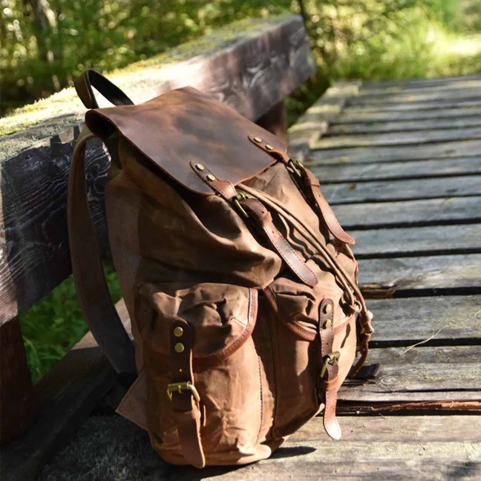 canvas leather backpack online Personalized Canvas Leather Travel Backpack, Laptop Rucksack, Unisex Canvas Backpack, Hiking Backpack Coffee / Yes