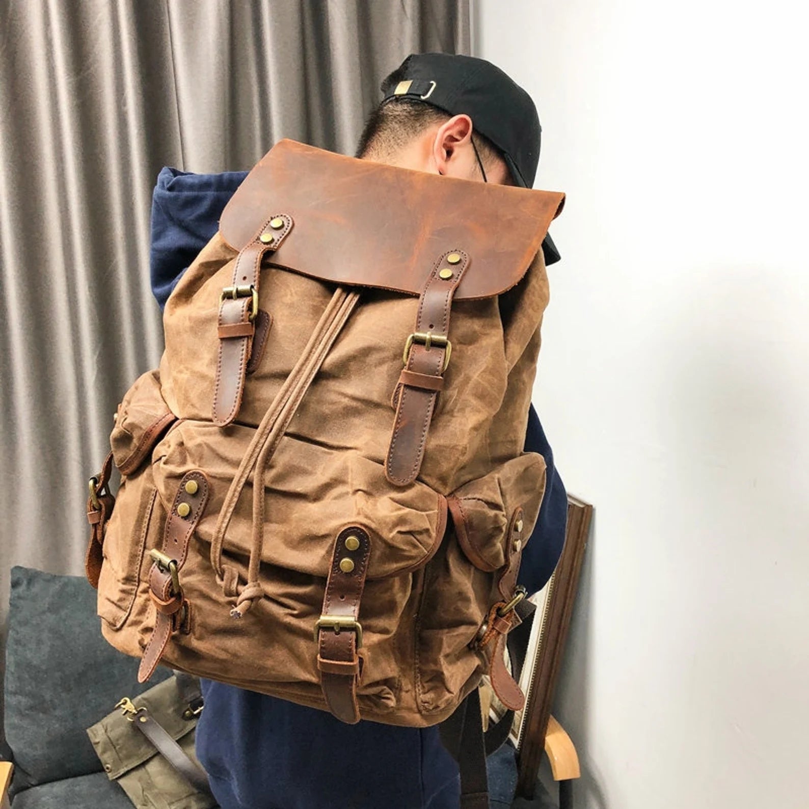 Personalized Canvas Leather Travel Backpack, Laptop Rucksack, Unisex Canvas Backpack, Hiking Backpack Khaki / Yes