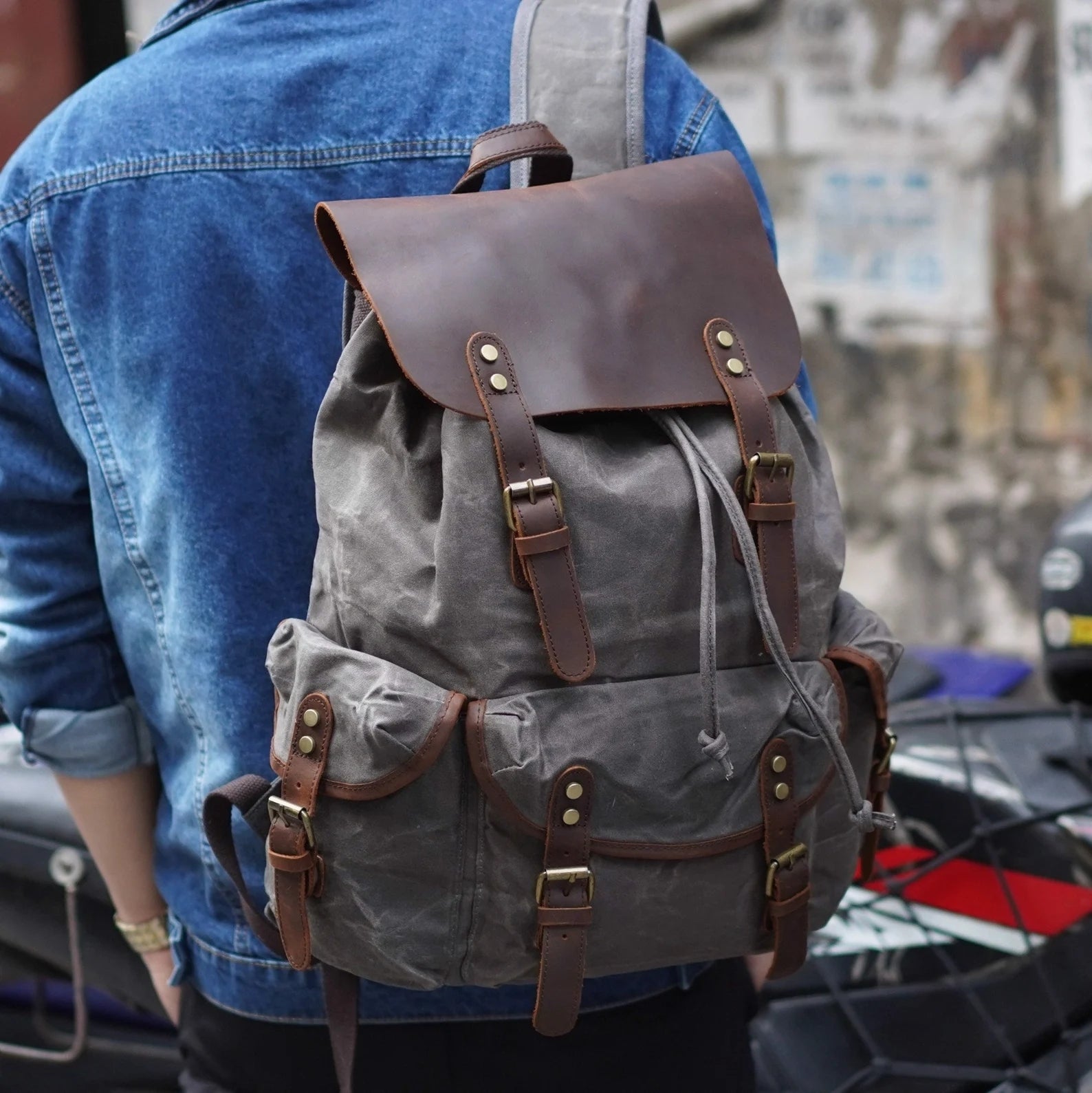 canvas leather stylish backpack Personalized Canvas Leather Travel Backpack, Laptop Rucksack, Unisex Canvas Backpack, Hiking Backpack Gray / No
