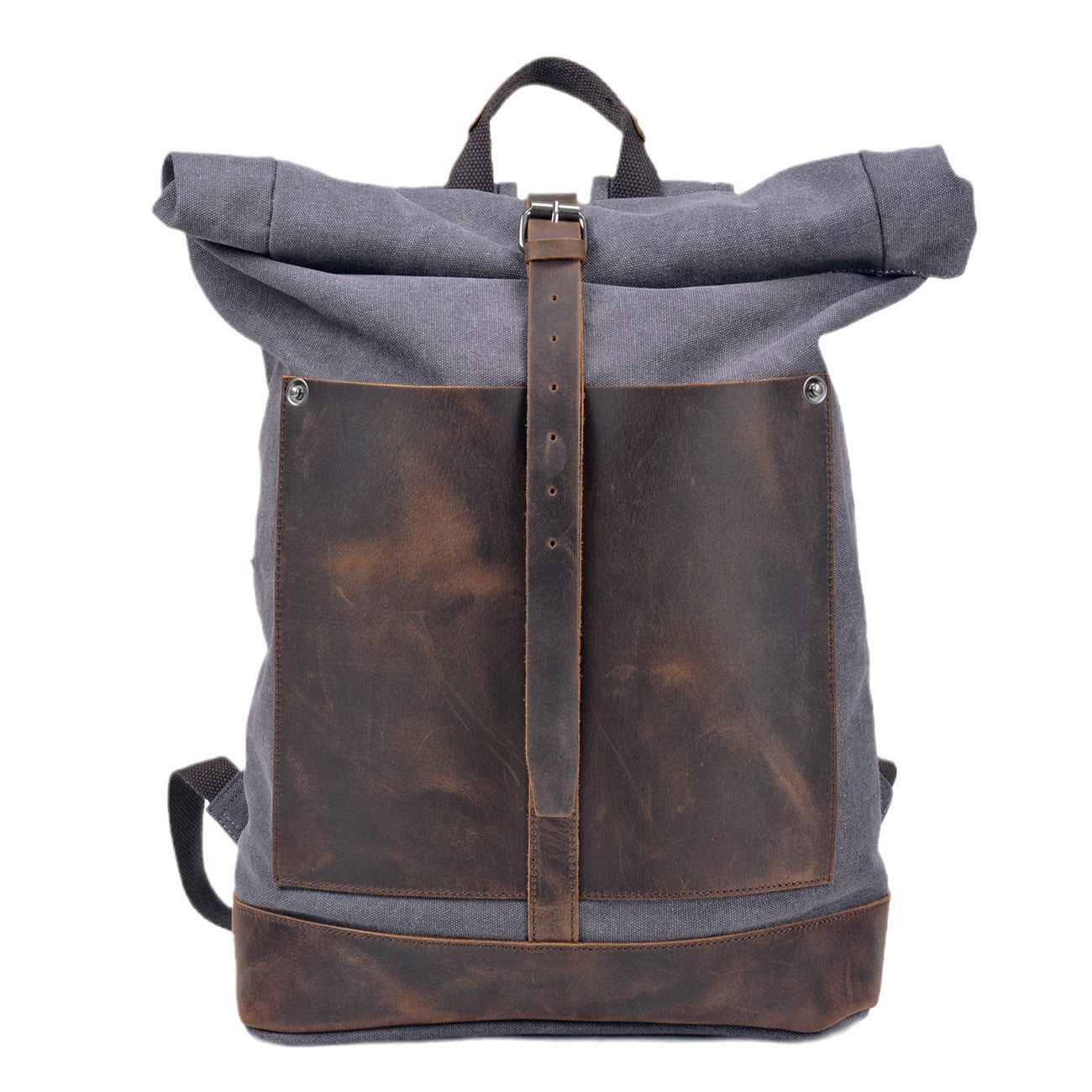 Taw Rolltop Backpack,Waxed Canvas Leather Backpack,Vintage Reclaimed Leather Backpack Grey / No