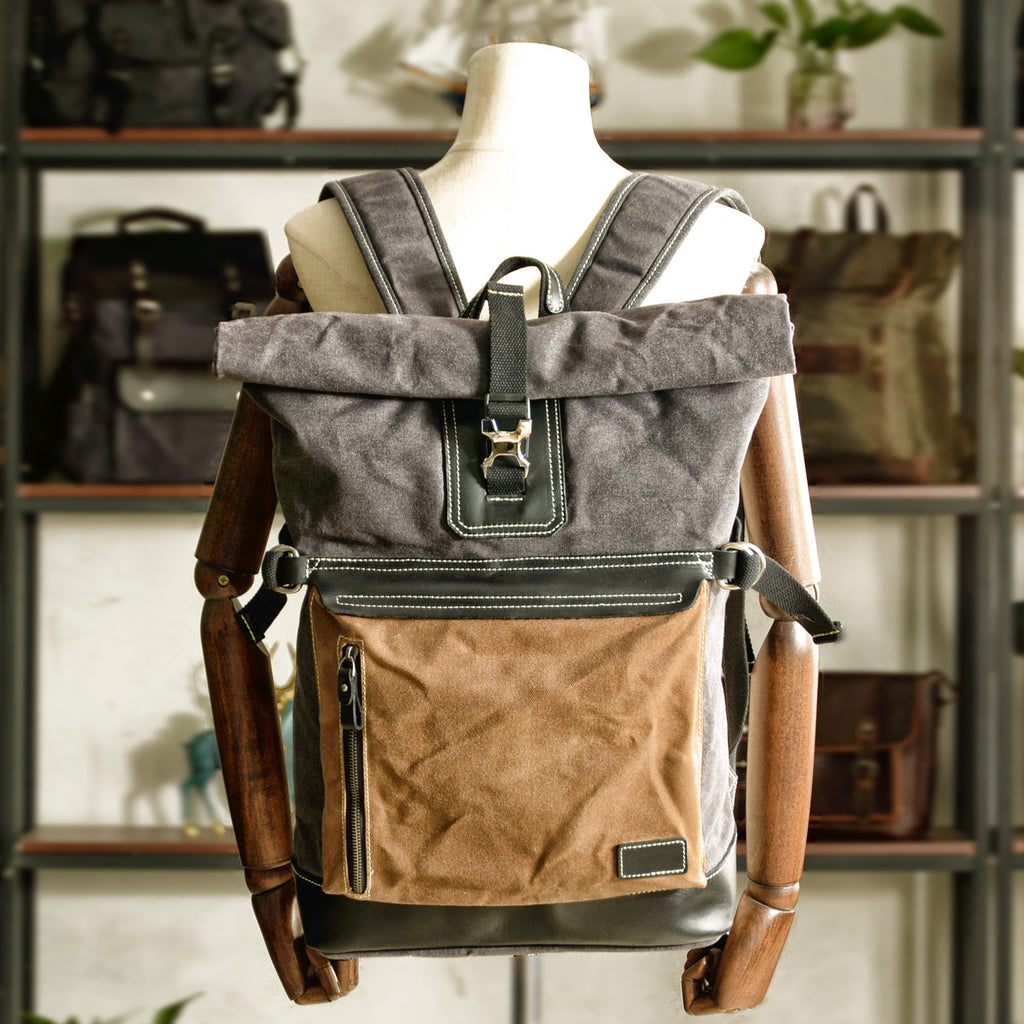 Waxed Canvas Leather Backpack, Vintage Reclaimed Leather Backpack, Retro Rucksack, Unisex Backpack