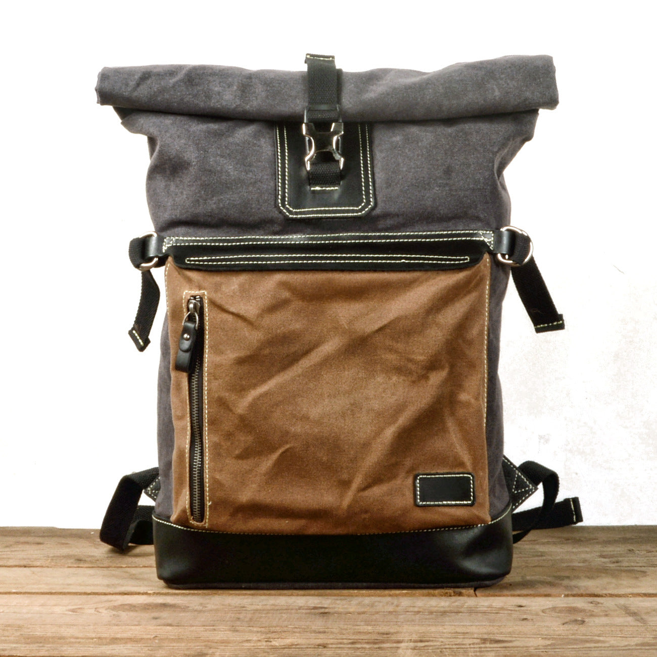 canvas leather roll top backpack Waxed Canvas Leather Backpack, Vintage Reclaimed Leather Backpack, Retro Rucksack, Unisex Backpack OliveGreen / No