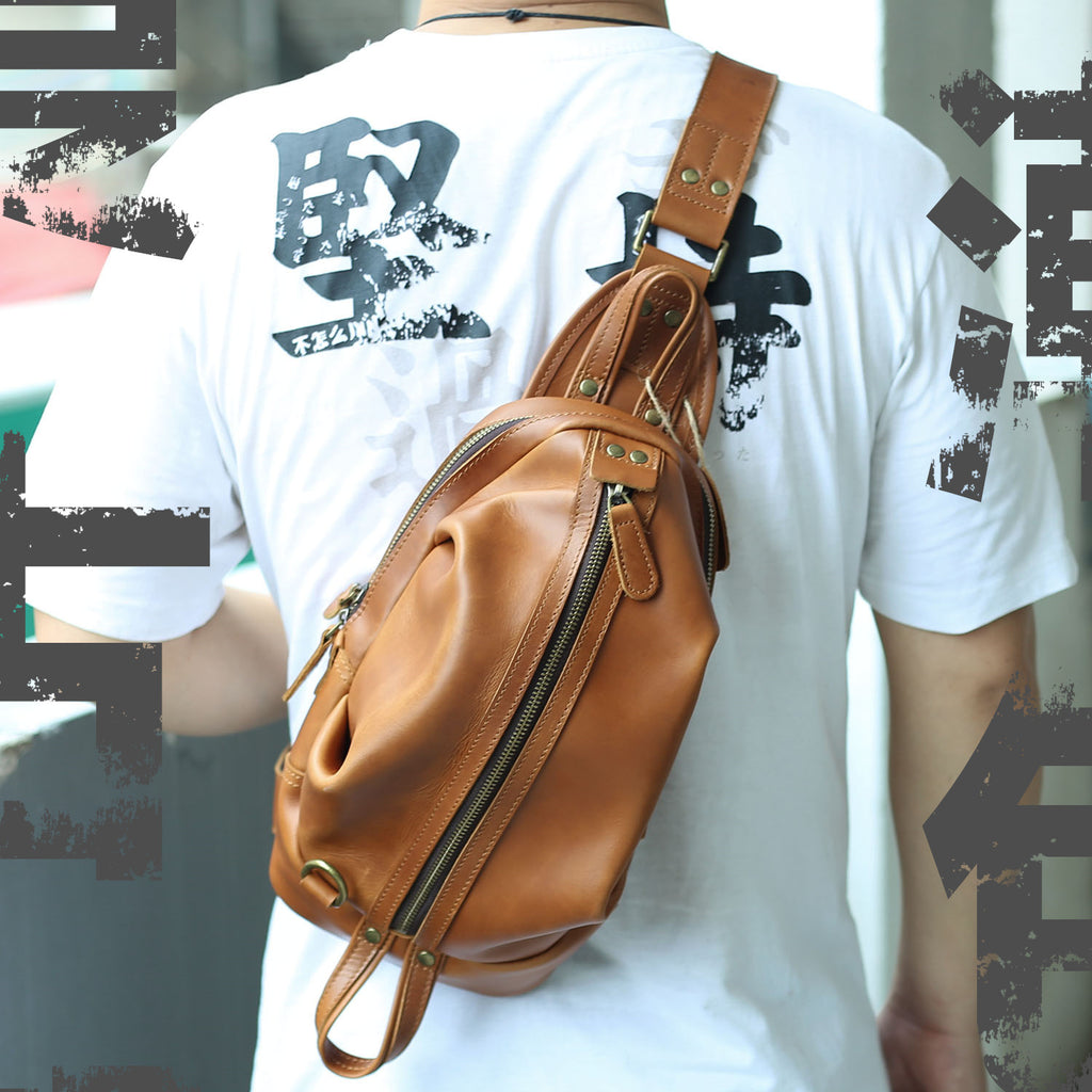 Handmade Men's Full Grain Leather Chest Bag Sling Shoulder Bag Unbalance Leather Backpack NP01