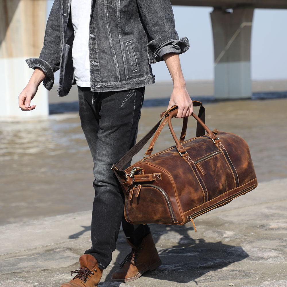 Personalized Full Grain Leather Travel Bag with shoe Pouch Weekend Bag  Duffel Bag Leather Duffle with shoe Compartment