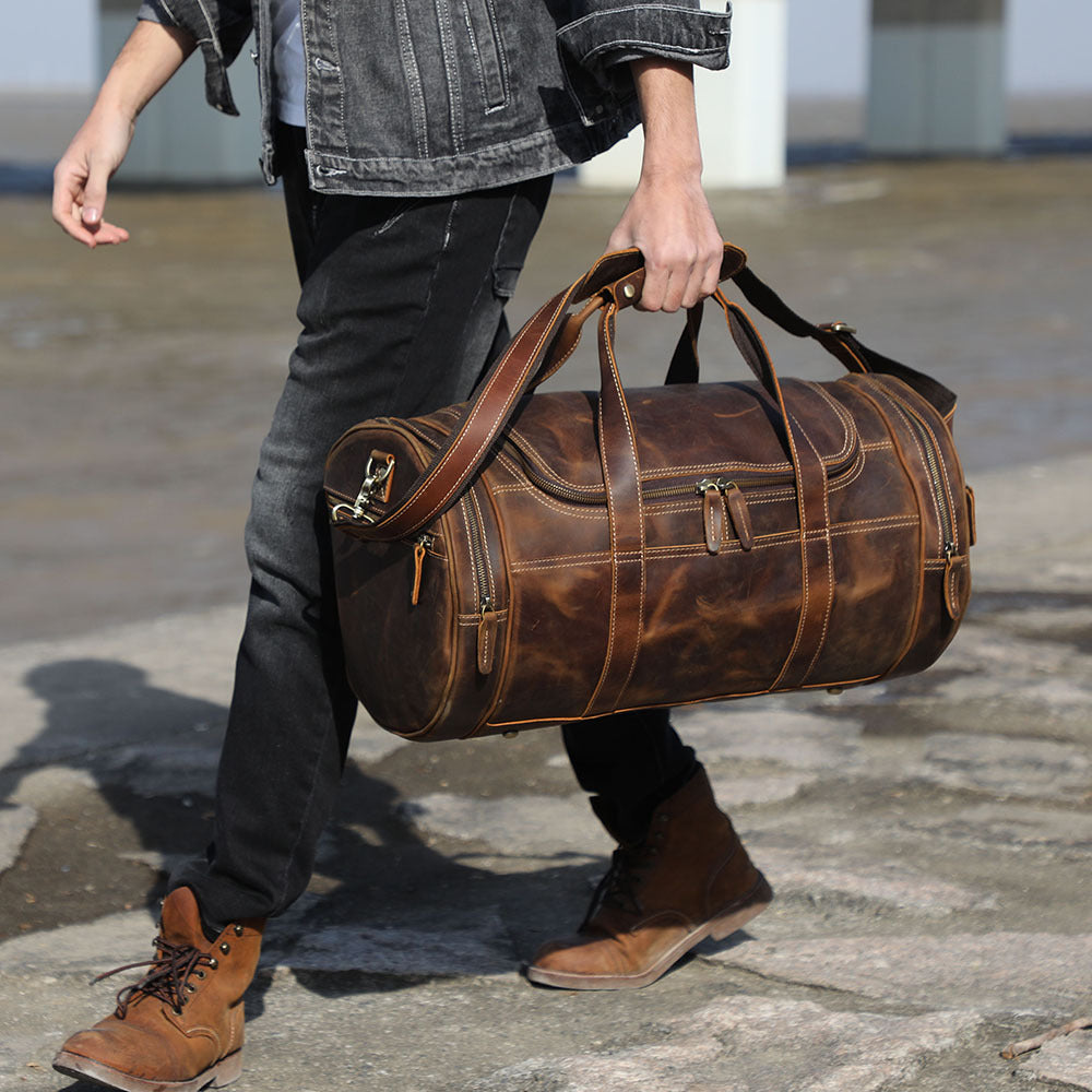 Personalized Leather Duffle Bag Unisex Leather Weekender Bag Large Capacity Leather Overnight Bag