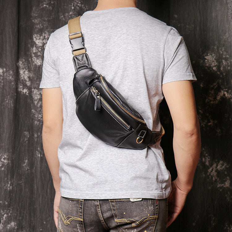 Genuine Leather Sling Shoulder Bag Mens Fashion Motorcycle Bag Unisex Multifunctional Leather Waist Bag LJ3723