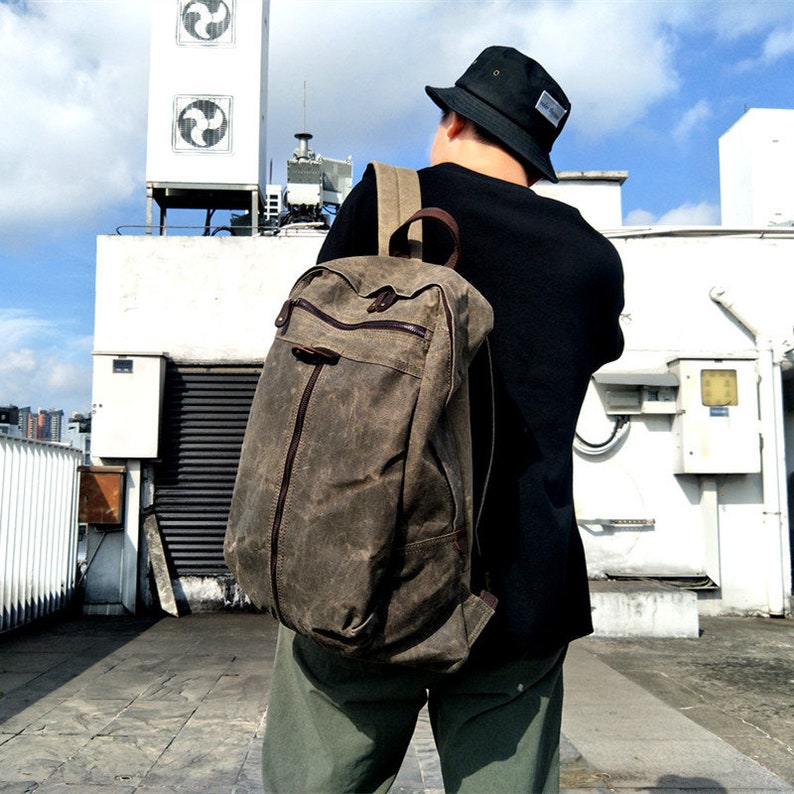 Handcrafted Unisex Waxed Canvas Laptop Backpack Fashion School Backpack Waterproof Backpack