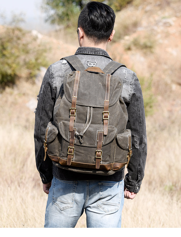 Large Waxed Canvas Hiking Backpack Rucksack Mens