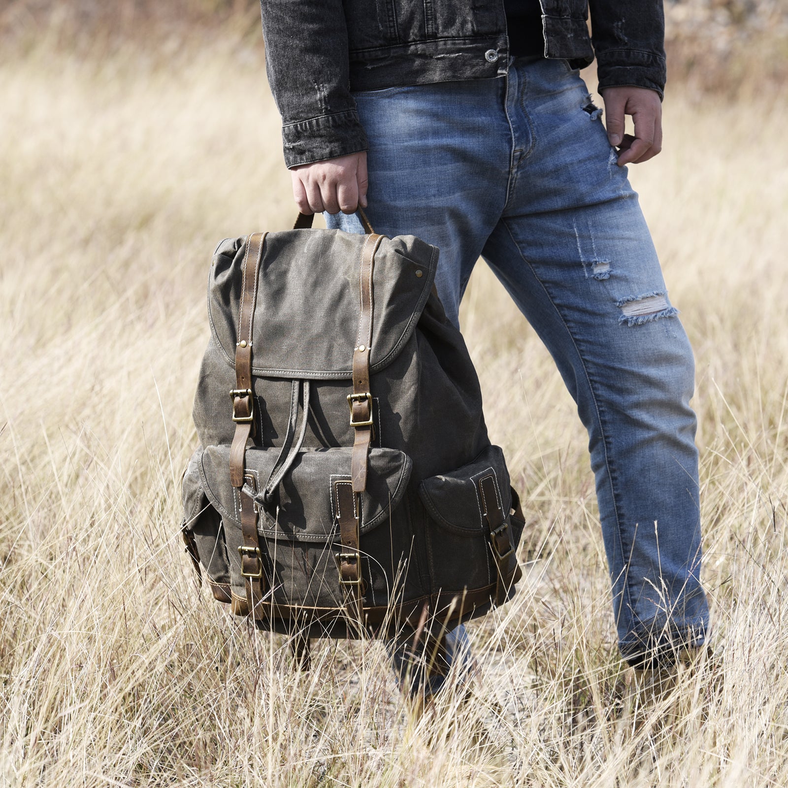 backpack canva leather Personalized Waxed Canvas Backpack Large Travel Backpack Laptop Backpack Unisex Weekender Backpack School Backpack Army Green / Yes, please