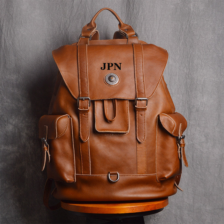Leather backpack with initials discount