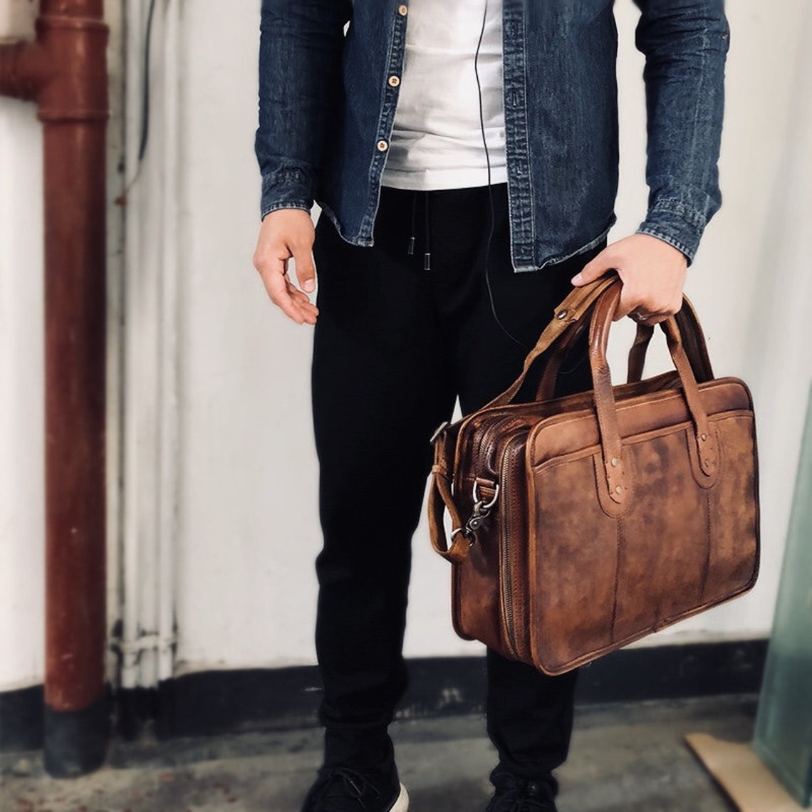 Handmade 15 Laptop Bag Leather Briefcase Men Leather Crossbody