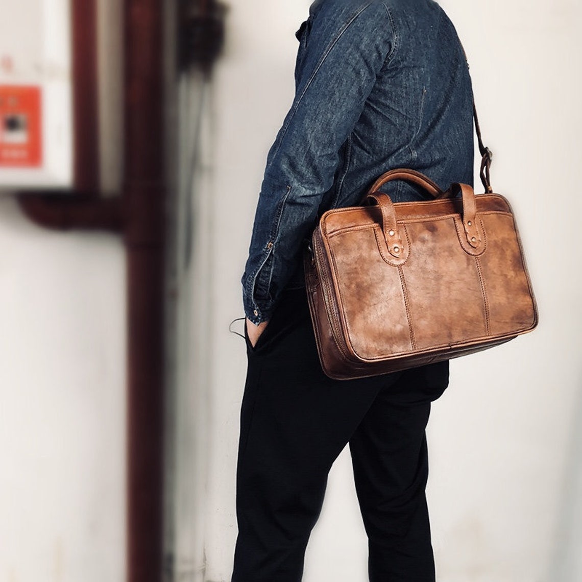 Handmade 15 Laptop Bag Leather Briefcase Men Leather Crossbody Bag Messenger Bag Leather Portfolio