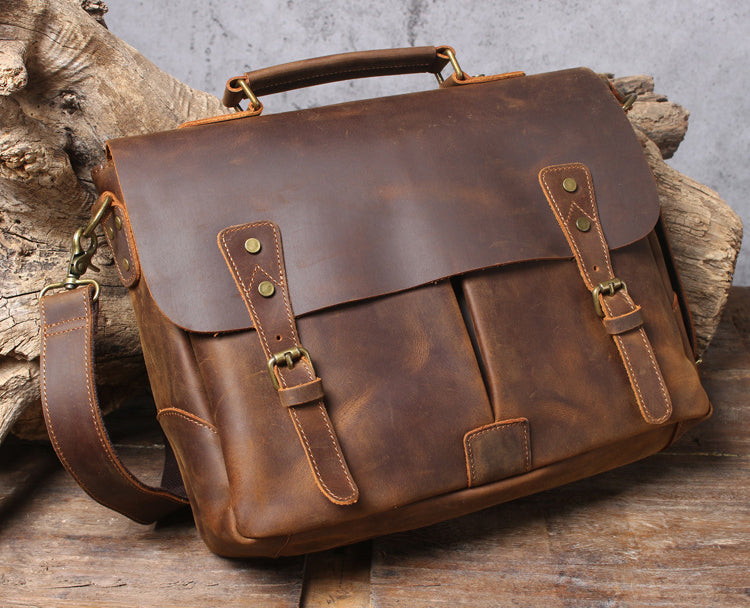 Leather Laptop Bag, Real Genuine Full-Grain Briefcase