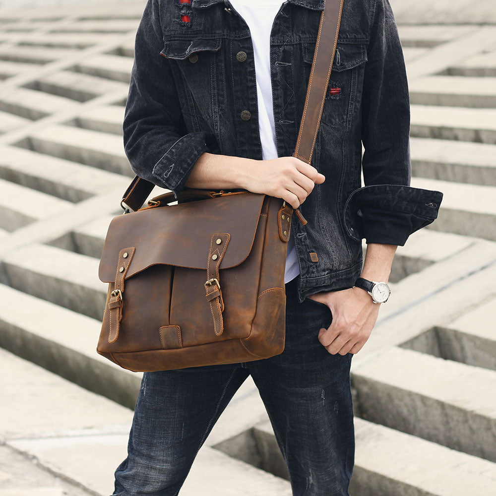 Full Grain Leather Messenger Bag Mens Leather Shoulder Bag Vintage Handmade  Crossbody Bag Satchel