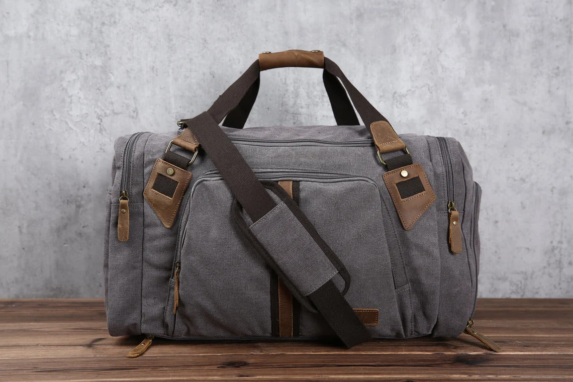 Handmade Leather Weekender, Canvas Duffle Bag, Personalized Travel Bag, Overnight Bag, Overnight Bag with Shoes Compartment Khaki / No