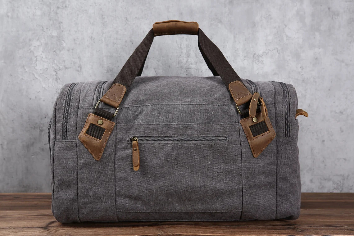 Handmade Leather Weekender, Canvas Duffle Bag, Personalized Travel Bag, Overnight Bag, Overnight Bag with Shoes Compartment Khaki / No