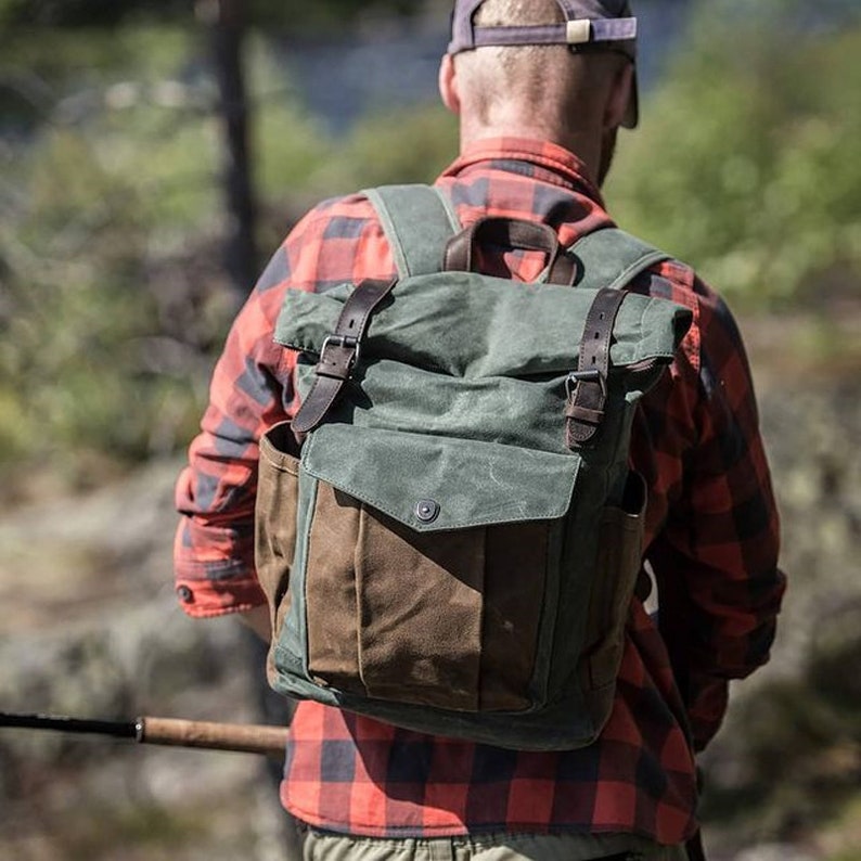 Handmade Waxed Canvas Backpack Large Rolltop Backpack Outdoor Backpack Travel Backpack Blue Green