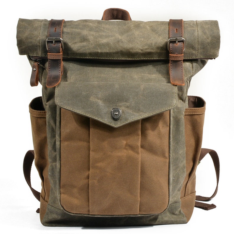 Handmade Waxed Canvas Backpack Large Rolltop Backpack Outdoor Backpack Travel Backpack
