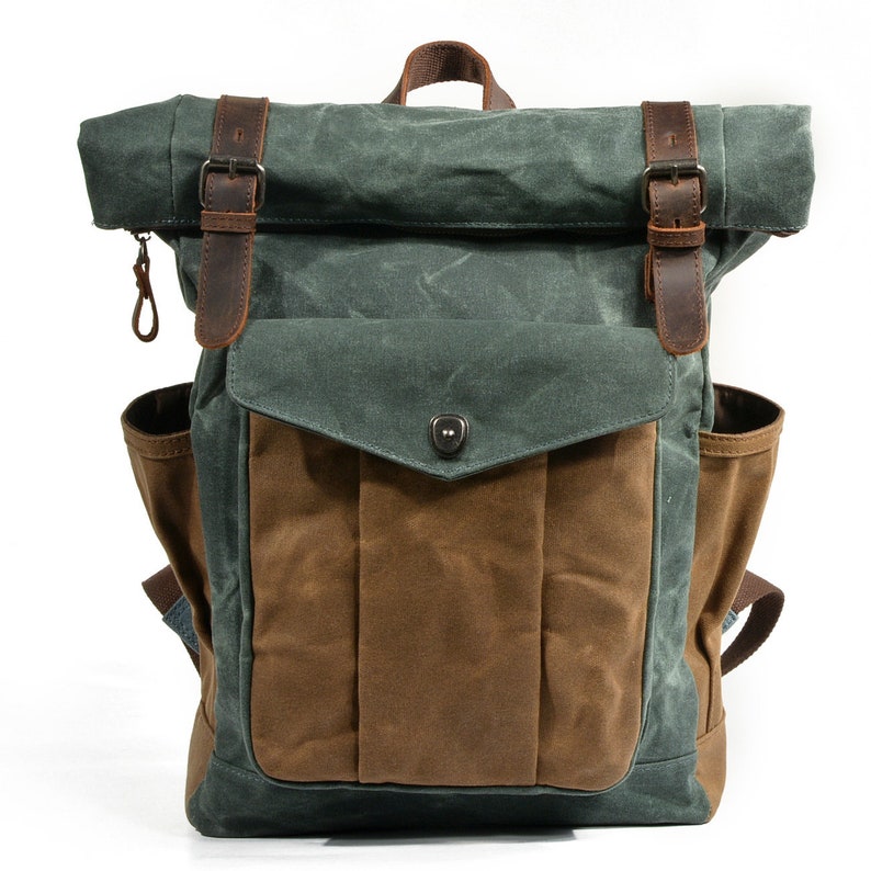 Handmade Waxed Canvas Backpack Large Rolltop Backpack Outdoor Backpack Travel Backpack