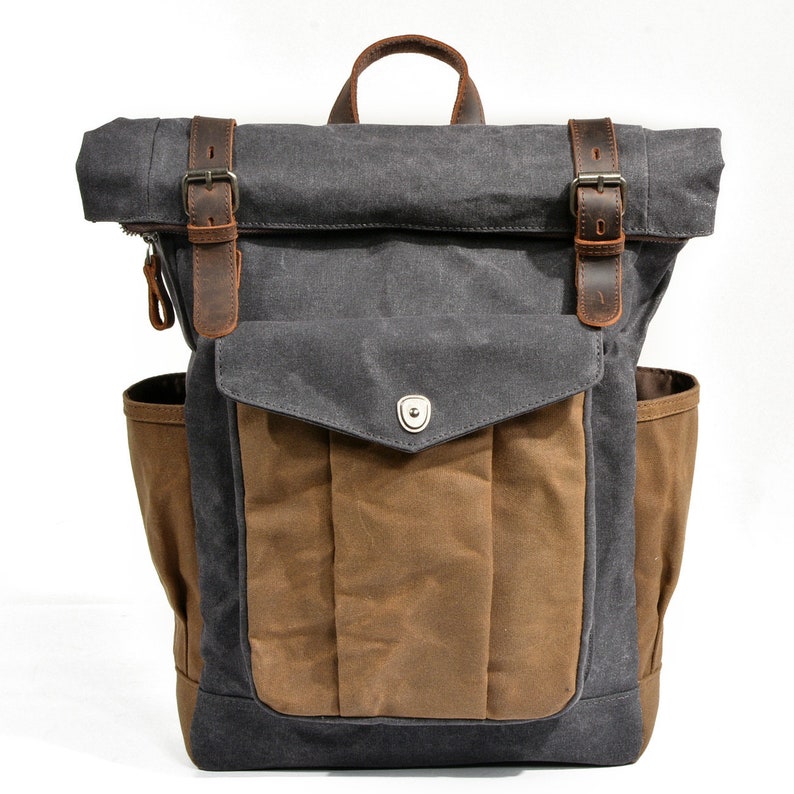 Handmade Waxed Canvas Backpack Large Rolltop Backpack Outdoor Backpack Travel Backpack