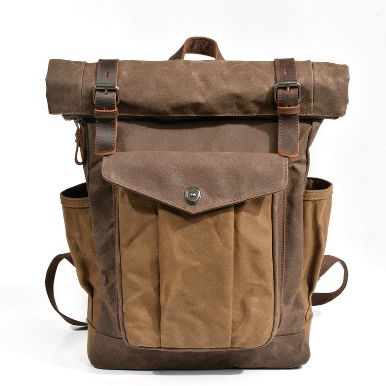 Handmade Waxed Canvas Backpack Large Rolltop Backpack Outdoor Backpack Travel Backpack