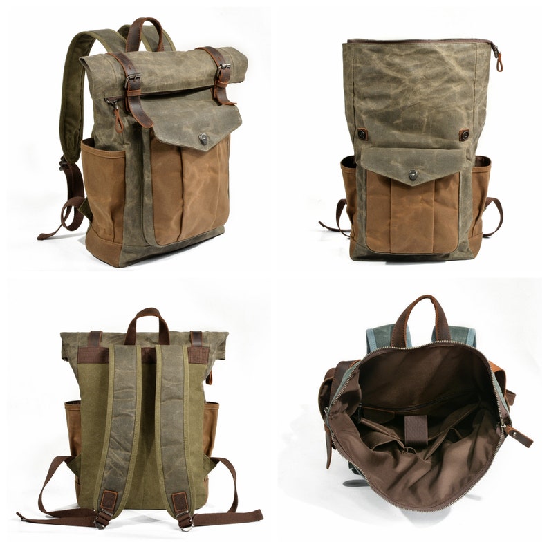 Handmade Waxed Canvas Backpack Large Rolltop Backpack Outdoor Backpack Travel Backpack