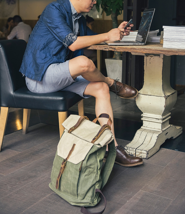 Handcrafted Canvas Leather Travel Backpack Casual Canvas Daypack Laptop Rucksack YD5191 OliveGreen