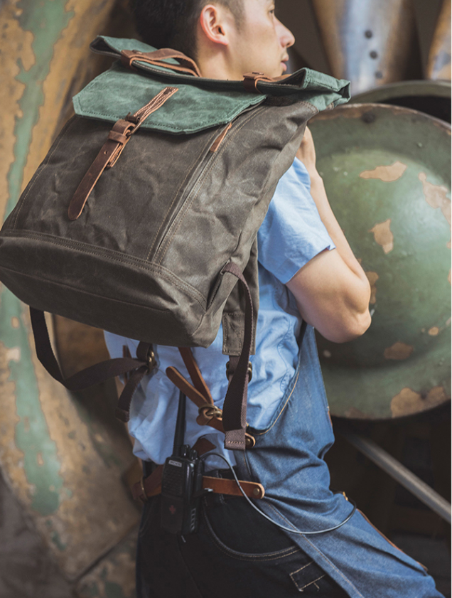 casual leather backpack Handcrafted Canvas Leather Travel Backpack Casual Canvas Daypack Laptop Rucksack YD5191 OliveGreen