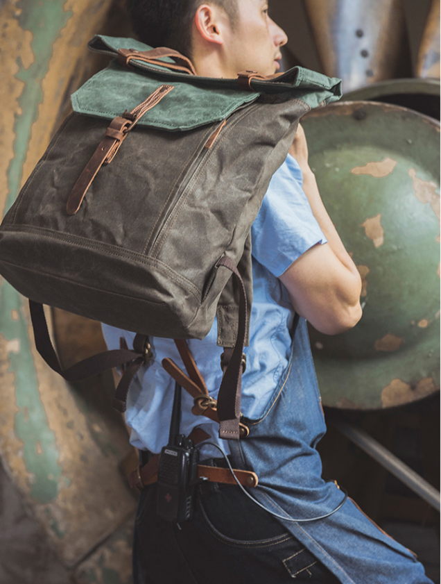 Handcrafted Canvas Leather Travel Backpack Casual Canvas Daypack Laptop Rucksack YD5191 - LISABAG