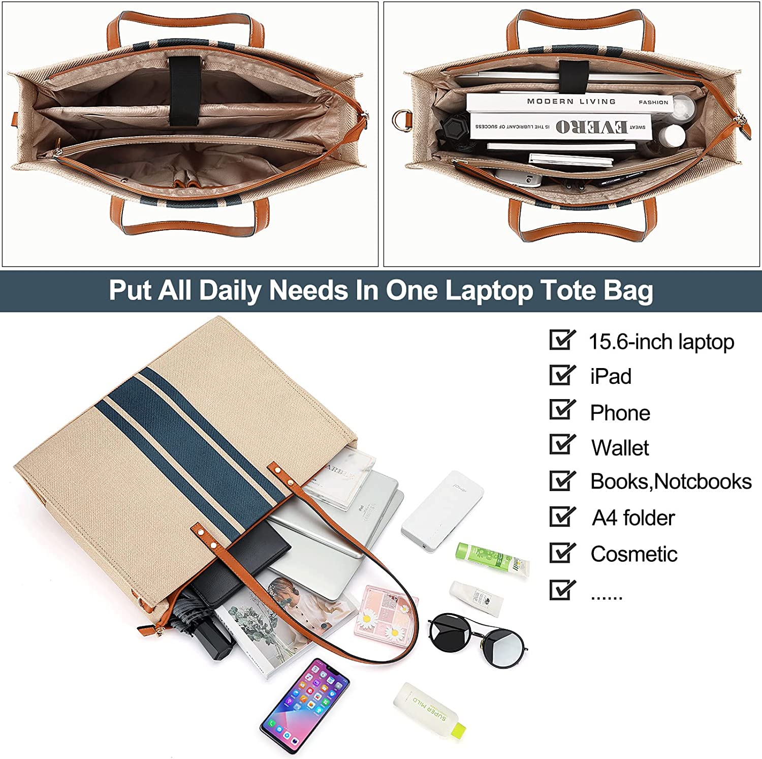 15.6 Inch Laptop Tote Bag for Women Large Canvas Work Tote Bags for Women Computer Briefcase Shoulder Bag Casual Beach Bag