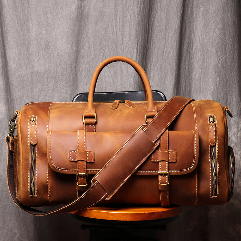 Leather Weekender Bag With Shoe Compartment Men Full Grain 