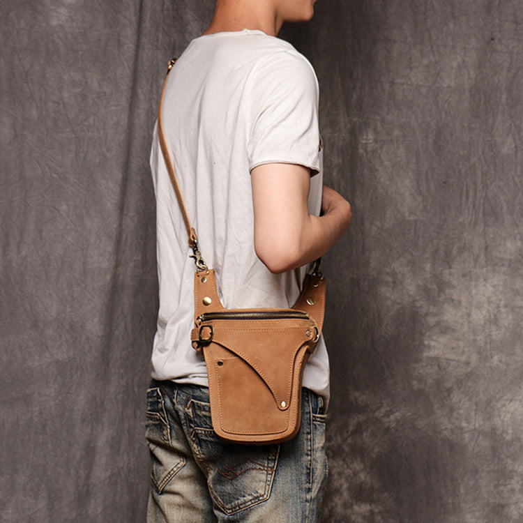 Handmade Leather Sling Bag Leather Fanny Pack Individuality Motorcycle Bag Leather Belt Bag