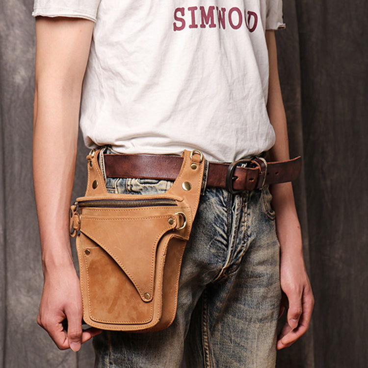 Handmade Leather Sling Bag Leather Fanny Pack Individuality Motorcycle Bag Leather Belt Bag