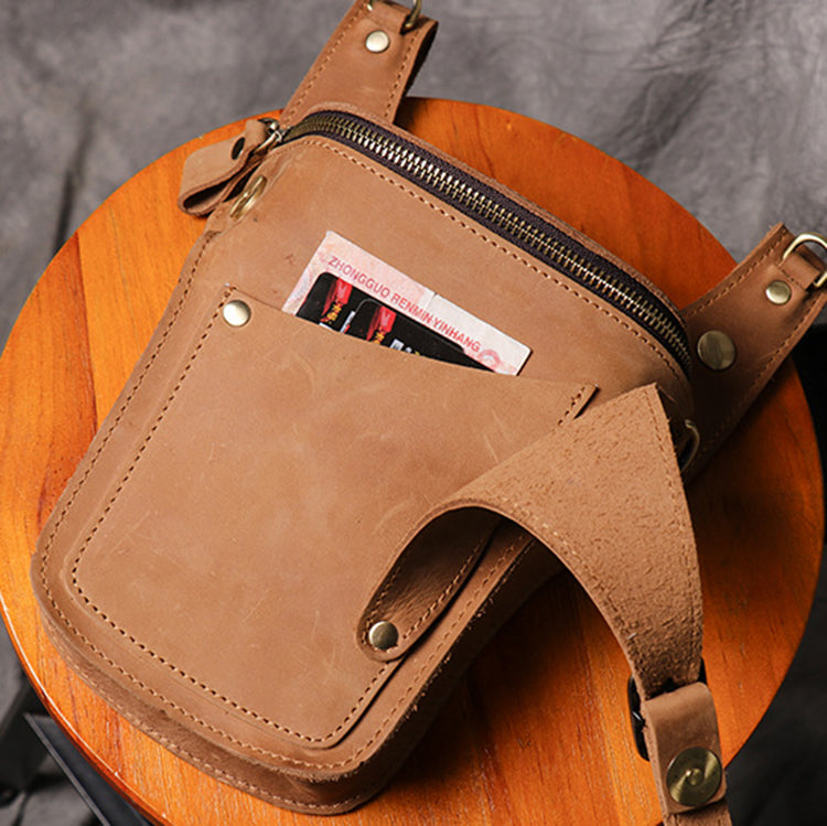 Handmade Leather Sling Bag Leather Fanny Pack Individuality Motorcycle Bag Leather Belt Bag