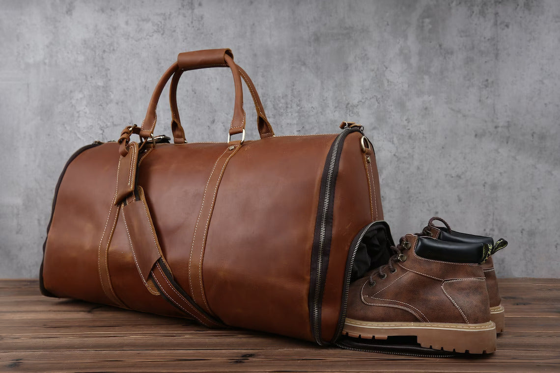 Full Grain Leather Garment Bag Duffle Bag with Shoe Compartment