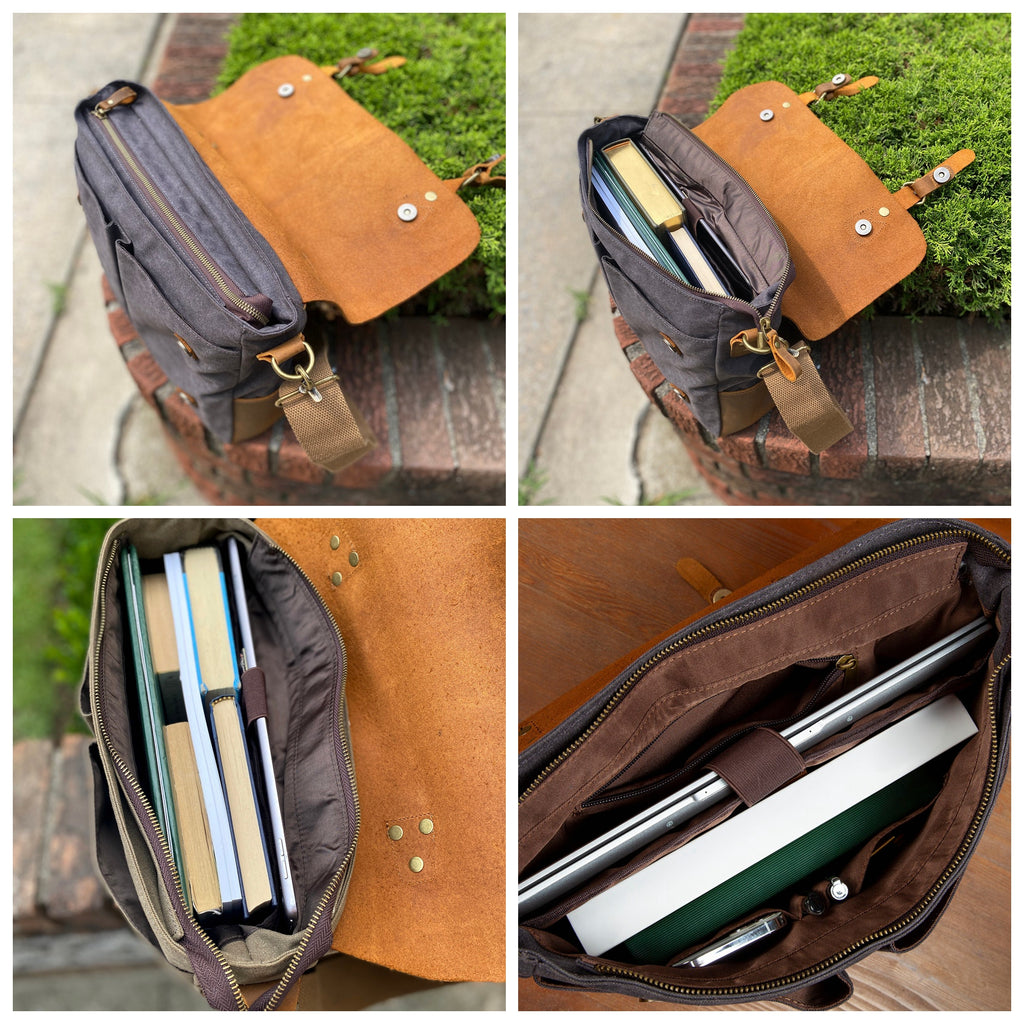 Personalized Full Grain Leather Canvas Messenger Bag Mens Waxed Canvas Briefcase Canvas Laptop Bag Satchel Bag Men