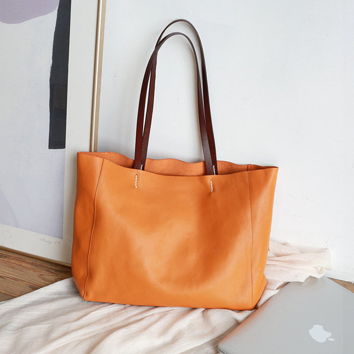 Personalized Genuine Leather Tote Bag for Women Full Grain Leather Fashion Designer Handbag Leather Large Casual Bag for Ladies Orange / Yes