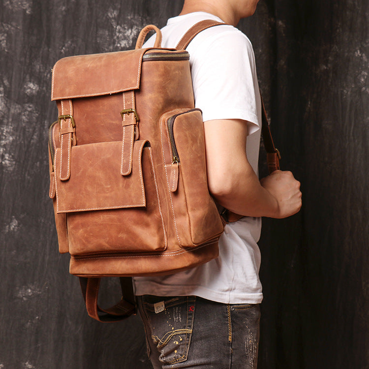 Personalized Large Leather Backpack, Travel Rucksack, Weekend Bag For Men & Women, Best Gift For Men Dark Brown / No