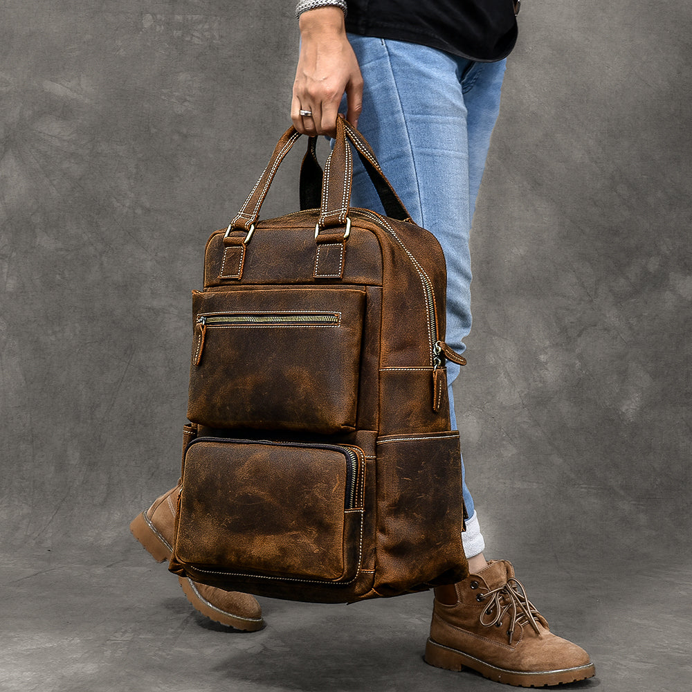 cutom mens leather backpack with charging station Personalized Leather Backpack with Top Handles Travel Backpack Laptop Backpack Weekender Leather Backpack No, thanks