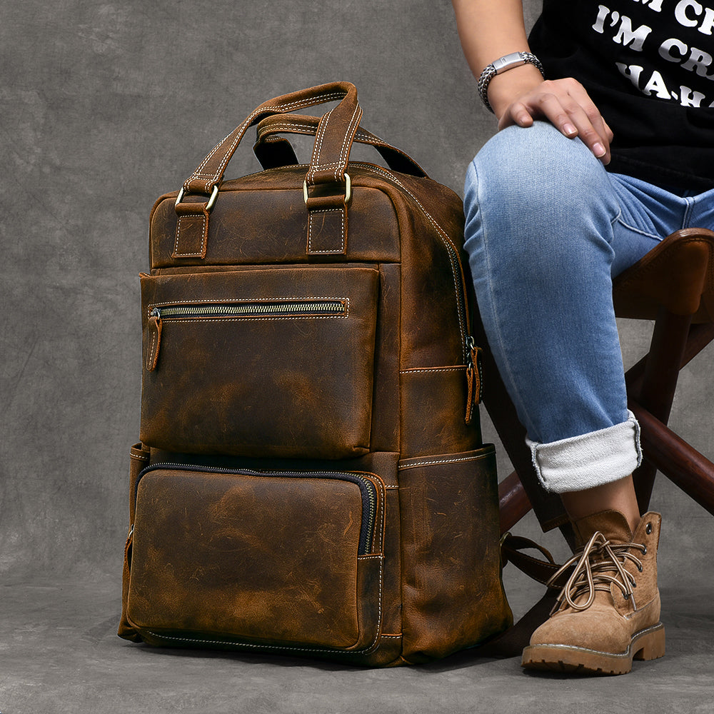 Personalized Leather Backpack with Top Handles Travel Backpack Laptop Backpack Weekender Leather Backpack No, thanks