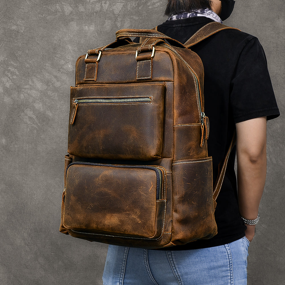 Personalized Leather Backpack with Top Handles Travel Backpack Laptop Backpack Weekender Leather Backpack