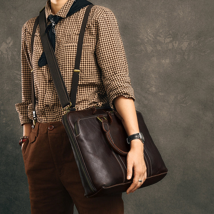 Personalized Leather Briefcase Anniversary Gift for Him Shoulder Bag Top Handle Leather Bag Laptop Bag