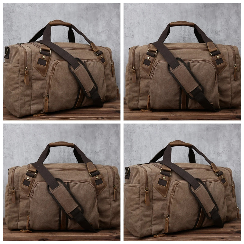 canvas leather travel duffel bag Personalized Travel Duffel Bag, Waterproof Canvas Leather Weekend Bag, Unisex Carry on Weekender Overnight Bag with Shoes Compartment Grey / Yes