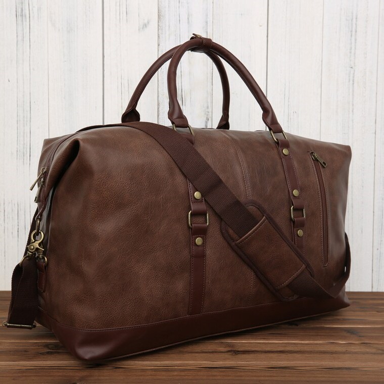 Personalized Vegan Leather Duffel Bag Unisex Weekender Bag Men’s Carry On Luggage Leather Travel With Camera Insert Coffee / No