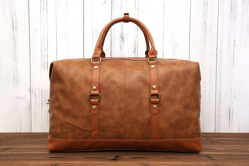 Personalized Vegan Leather Duffel Bag Unisex Weekender Bag Men’s Carry On Luggage Leather Travel With Camera Insert