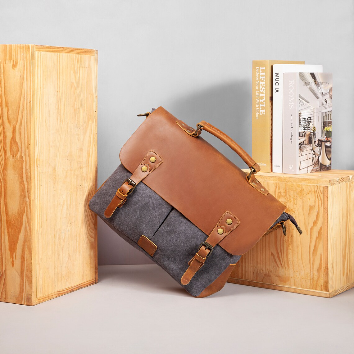 canvas leather messenger backpack Personalized Full Grain Leather Canvas Messenger Bag Mens Waxed Canvas Briefcase Canvas Laptop Bag Satchel Bag Men No / gray