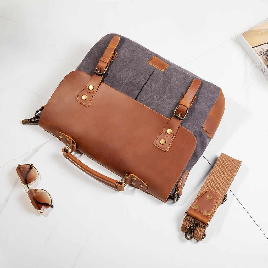 Personalized Full Grain Leather Canvas Messenger Bag Mens Waxed Canvas Briefcase Canvas Laptop Bag Satchel Bag Men