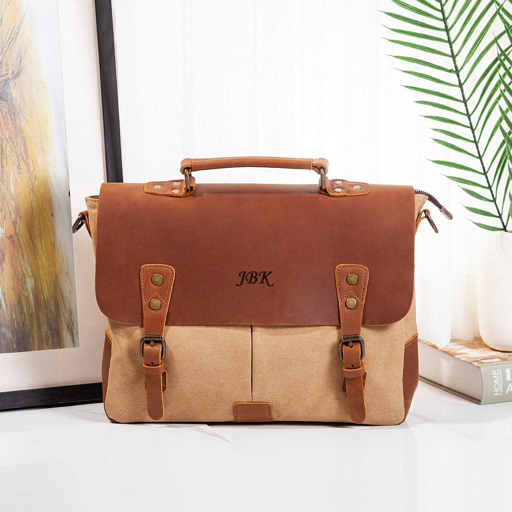 Personalized Full Grain Leather Canvas Messenger Bag Mens Waxed Canvas Briefcase Canvas Laptop Bag Satchel Bag Men