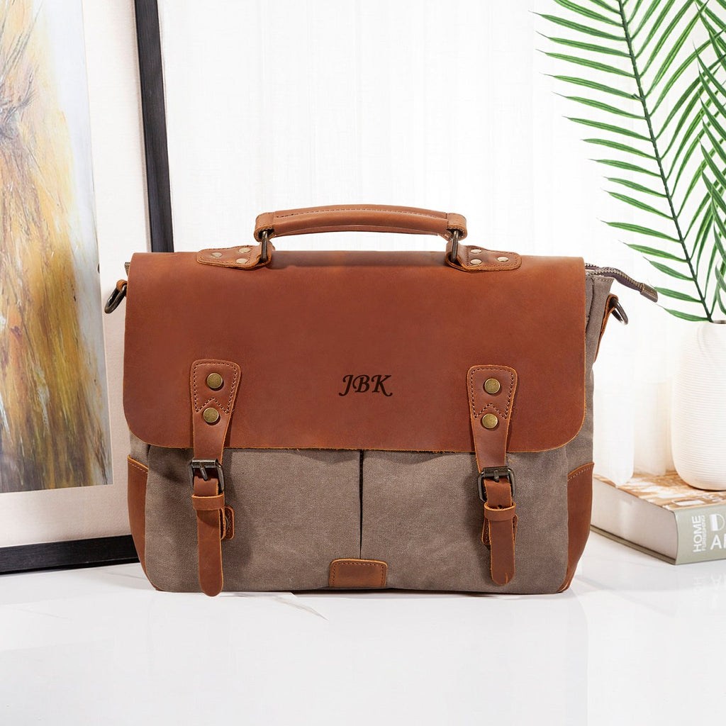 Personalized Full Grain Leather Canvas Messenger Bag Mens Waxed Canvas Briefcase Canvas Laptop Bag Satchel Bag Men