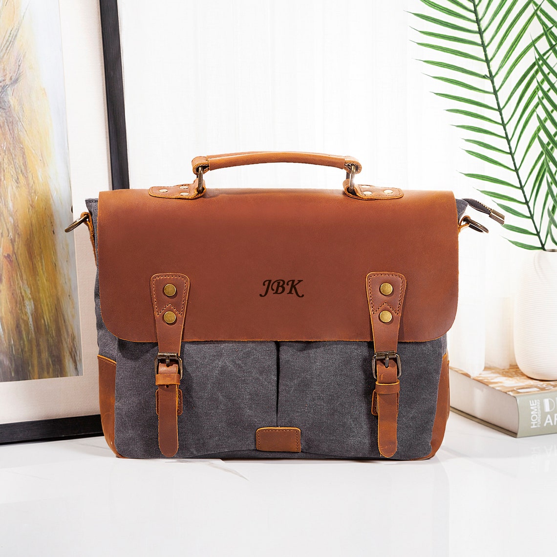 Personalized Full Grain Leather Canvas Messenger Bag Mens